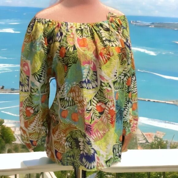 HESTER ORCHARD NWT LINEN BLEND TROPICAL WOMENS TOP BLOUSE BRIGHT OFF SHOULDER - Picture 3 of 12